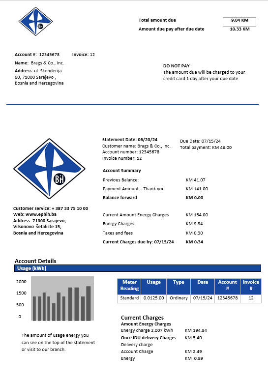 Bosnia and Herzegovina Elektroprivreda BiH electricity business utility bill template in Word and PDF PSD template